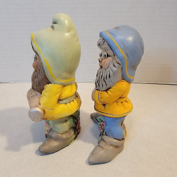 Vtg Pair Ceramic Garden Gnomes 5.5" Tall Boho 1970's Googly Eyes Hand Painted - Picture 2 of 12